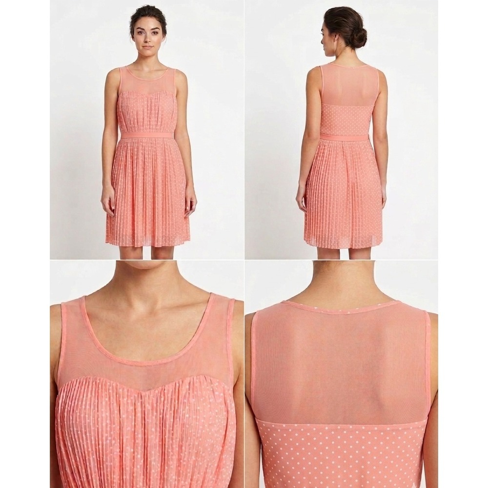 LC Lauren‎ Conrad Dress Womens XL Peach Pink Polka Dot Sheer Mesh Yoke Pleated